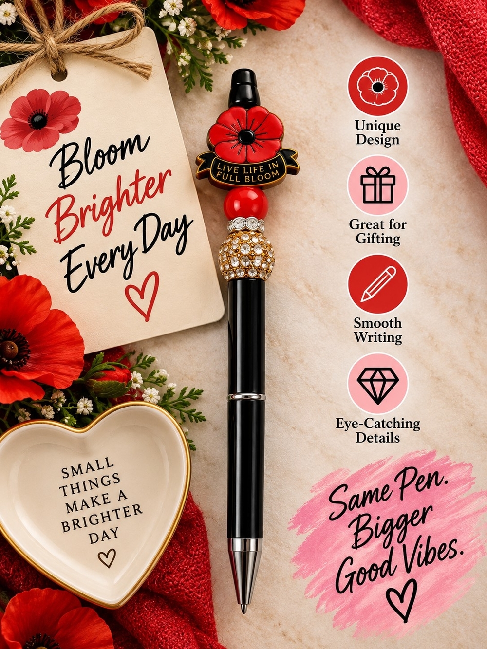 Handmade Black and Red Poppy Pen — Elegant Floral Accent!!